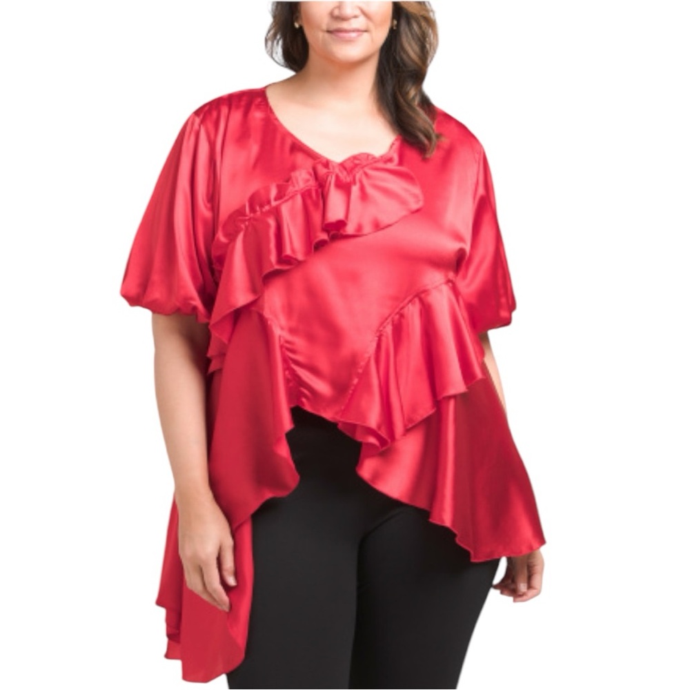 Us Together Satin Balloon Sleeve Asymmetrical Ruffled Blouse